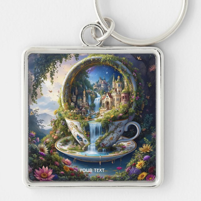 Fantasy Söt Ornamenterad Kopp Stad Fyrkantig Silverfärgad Nyckelring (Framsidan)