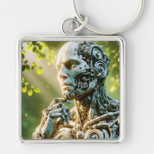 Fantasy Söt Robot Ansikte Skulptur Fyrkantig Silverfärgad Nyckelring (Framsidan)