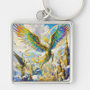 Fantasy Söt Steampunk Griffin Stad Fyrkantig Silverfärgad Nyckelring