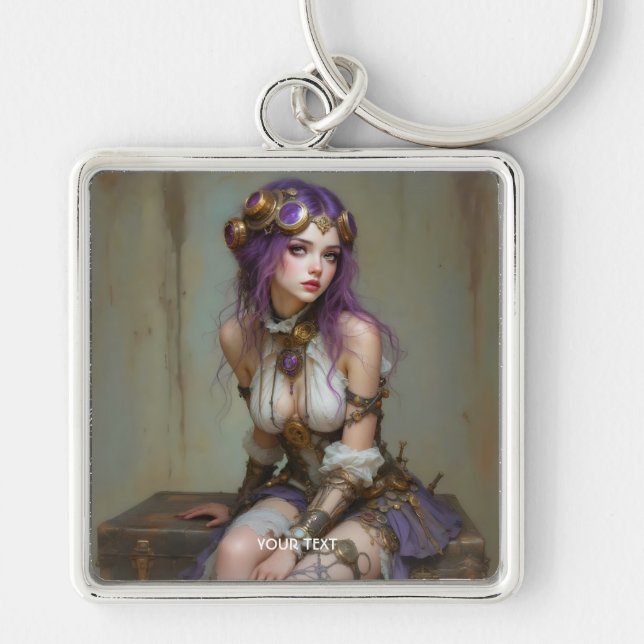 Fantasy Söt Steampunk Lila Tjej Fyrkantig Silverfärgad Nyckelring (Framsidan)