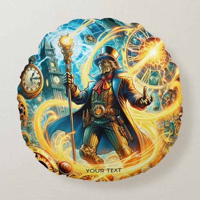 Fantasy Söt Steampunk Tid Tiover Rund Kudde (Framsidan)