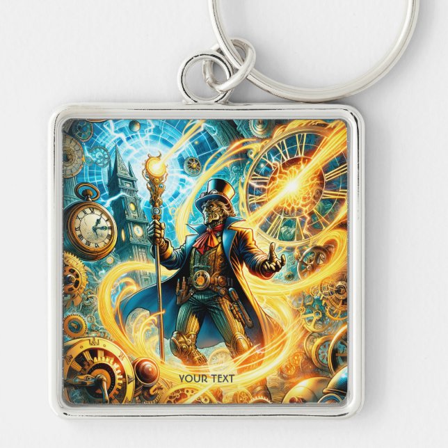 Fantasy Söt Steampunk Tidsmagi Fyrkantig Silverfärgad Nyckelring (Framsidan)