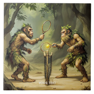 Fantasy söta neandertalare som spelar tennis kakelplatta