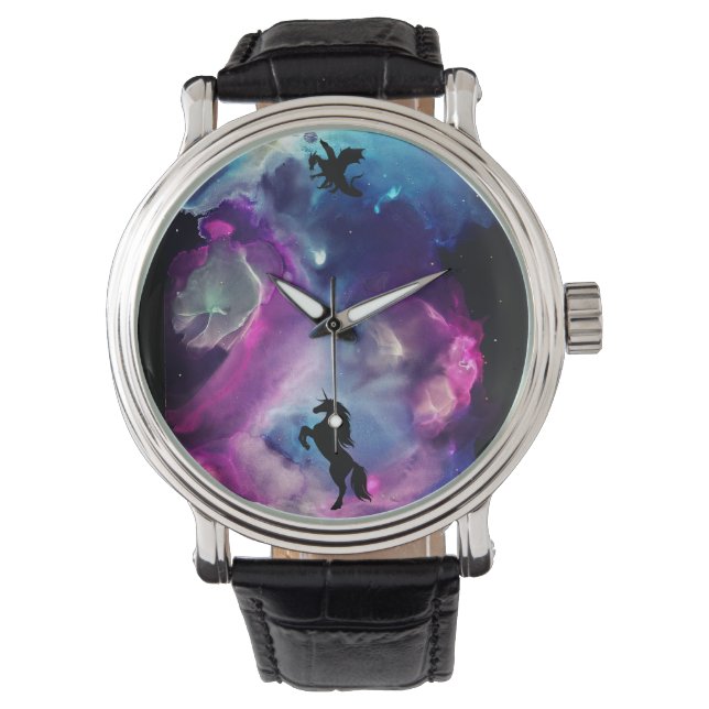 Fantasy Space Nebula Unicorn Dragon Rosa blue Armbandsur (Framsida)