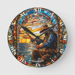 Fantasy Stached Glass Fisherman Fisherman Rund Klocka