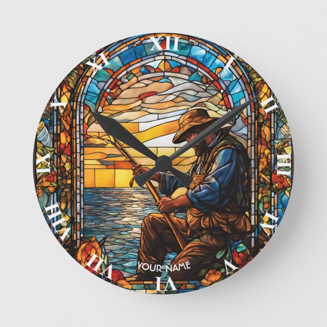 Fantasy Stached Glass Fisherman Fisherman Rund Klocka (Framsida)