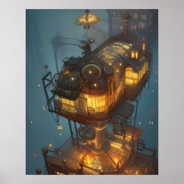 Fantasy Steampunk City Aerial View Poster (Framsidan)