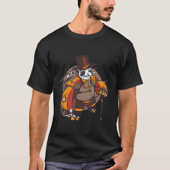 Fantasy Steampunk Metall Robot Panda Mystical T Shirt (Framsida)