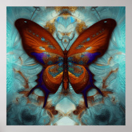 Fantasy Steampunk Orange Butterfly Aqua Watercolor Poster