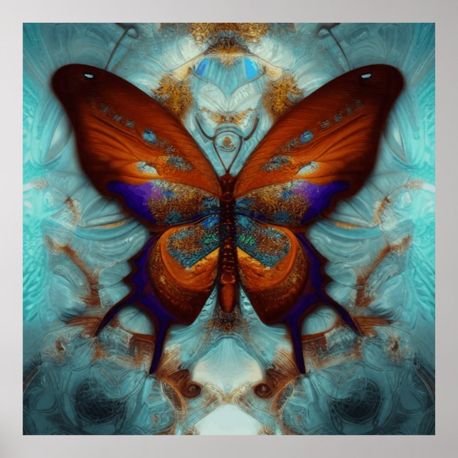 Fantasy Steampunk Orange Butterfly Aqua Watercolor Poster (Framsidan)