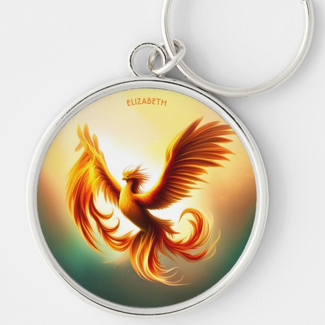 Fantasy Stigning Golden Phoenix Art Deco Stil Rund Silverfärgad Nyckelring (Framsidan)