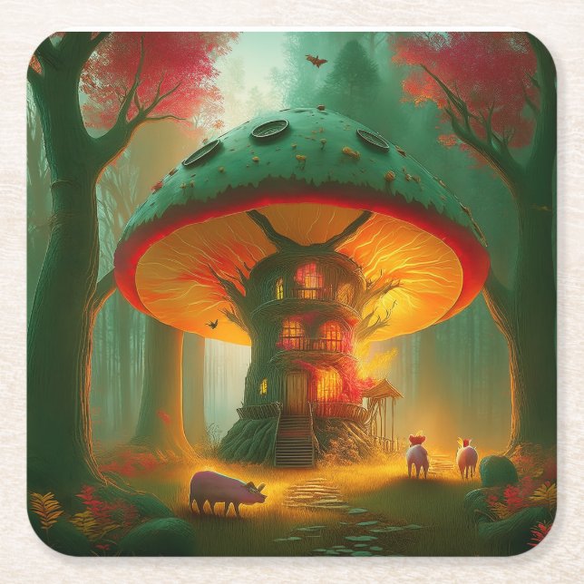 Fantasy Svamp Trädhus Med Svin Underlägg Papper Kvadrat (Framsidan)