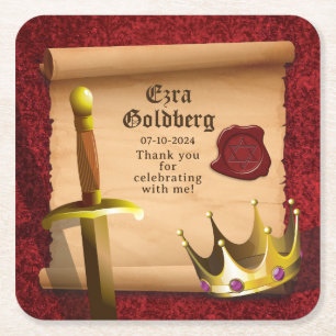 Fantasy Sword Krona Medieval Knight Pub Mitzvah Underlägg Papper Kvadrat