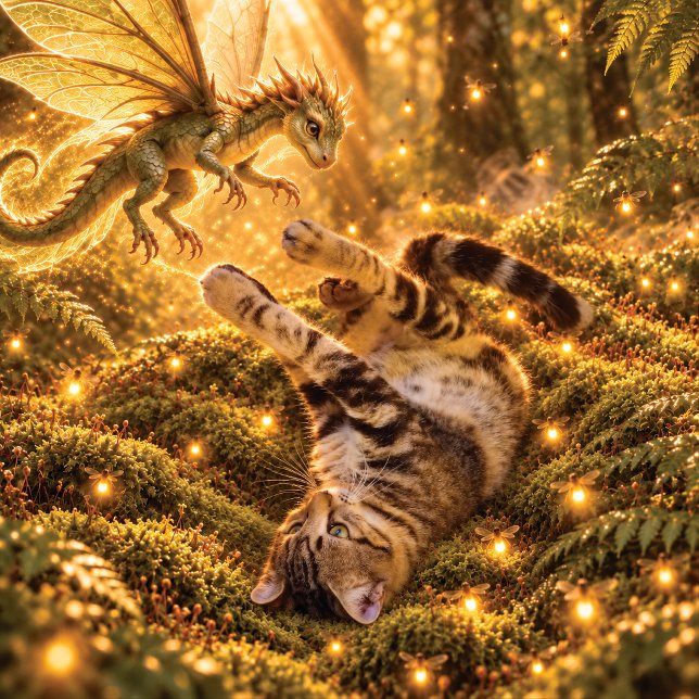 Fantasy Tabby Katt & Drakes Förtrollade Skogsdyna Kudde (Skapare uppladdad)