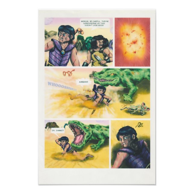 Fantasy Tecknad krigare som kämpar mot reptilian m Fototryck (Framsidan)