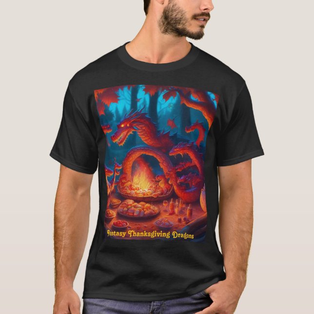 Fantasy Thanksgiving Dragons T Shirt (Framsida)