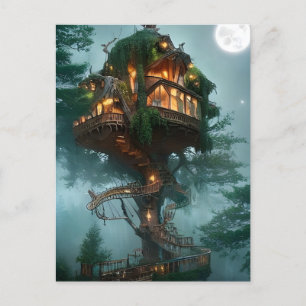 Fantasy Träd Hus Digital Konst Vykort