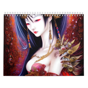 Fantasy Triptych, vacker japansk flicka Kalender