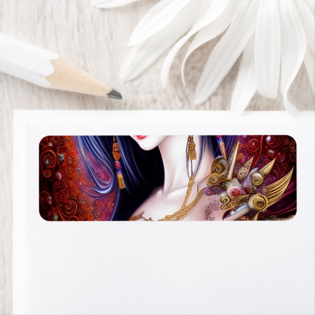 Fantasy Triptych, vacker japansk flicka Returadress Etikett (Insitu)