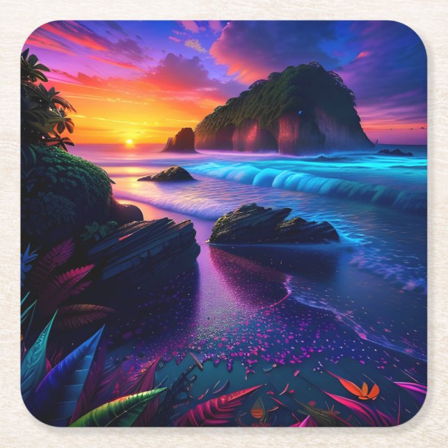 Fantasy Tropical Beach One Underlägg Papper Kvadrat (Framsidan)