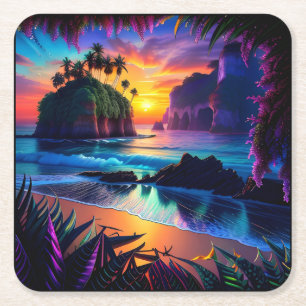Fantasy Tropical Beach Three Underlägg Papper Kvadrat