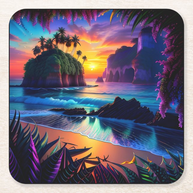 Fantasy Tropical Beach Three Underlägg Papper Kvadrat (Framsidan)