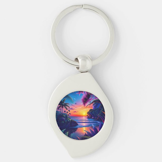 Fantasy Tropical Beach Two Swirl Silverfärgad Nyckelring (Framsidan)