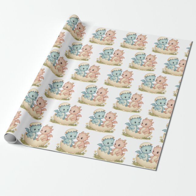 Fantasy Twin Baby Dragons Gift Wrapping Papper Presentpapper (Utrullad)