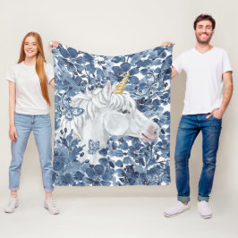 Fantasy Unicorn Blåa blommor Butterflies Girly Fleecefilt