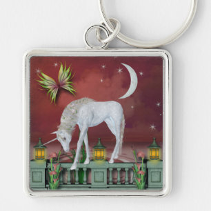 Fantasy Unicorn Keychain Fyrkantig Silverfärgad Nyckelring