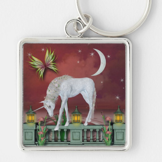 Fantasy Unicorn Keychain Fyrkantig Silverfärgad Nyckelring (Framsidan)