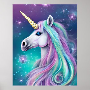 Fantasy Unicorn med Blue and Rosa Hair Poster