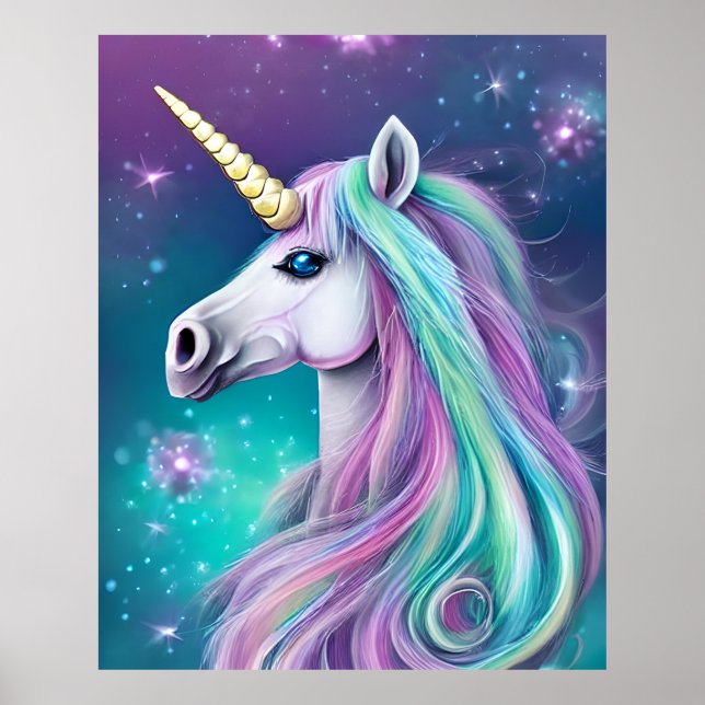 Fantasy Unicorn med Blue and Rosa Hair Poster (Framsidan)