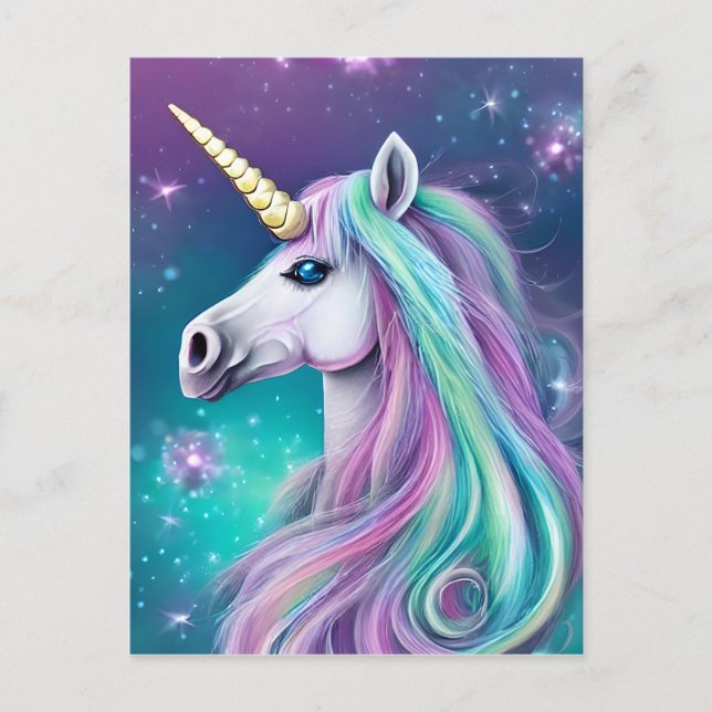 Fantasy Unicorn med Blue and Rosa Hair Vykort (Framsida)
