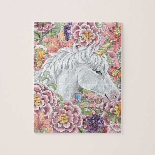 Fantasy Unicorn Rosa Tropical Flowers Magic Pussel (Vertikal)