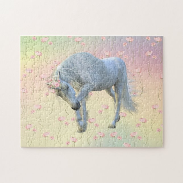 Fantasy Unicorn Söt Rainbow Blommigt Pussel (Horisontell)