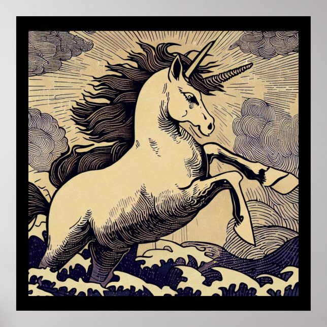 Fantasy Unicorn - Woodcut 1 Poster (Framsidan)
