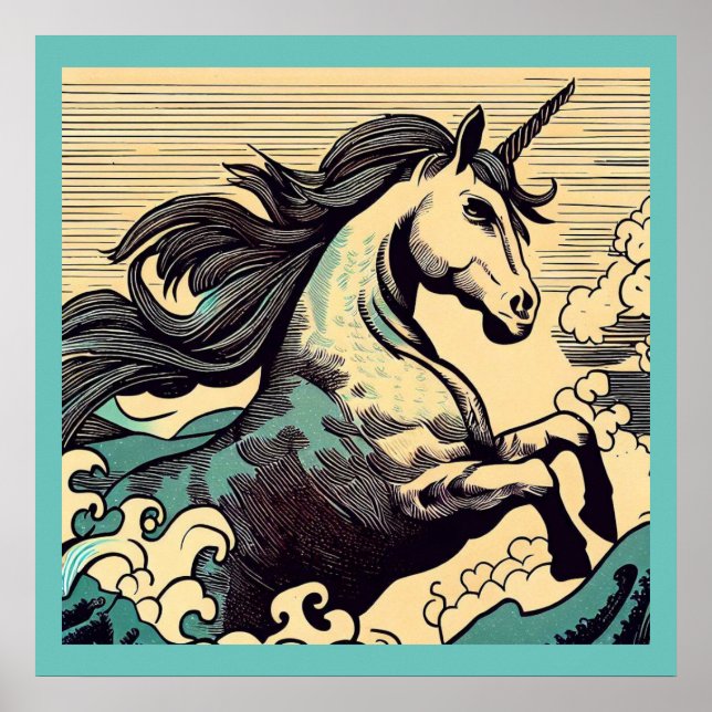 Fantasy Unicorn - Woodcut 3 Poster (Framsidan)