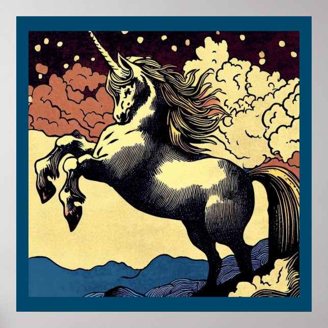 Fantasy Unicorn - Woodcut 4 Poster (Framsidan)