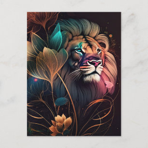 Fantasy, vacker lejon med blommor AI art Vykort