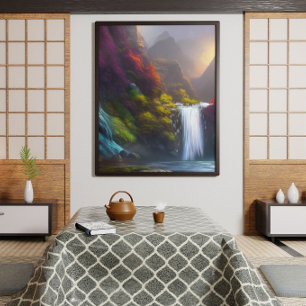 Fantasy vattenfall, berg och skog Natur konst Poster