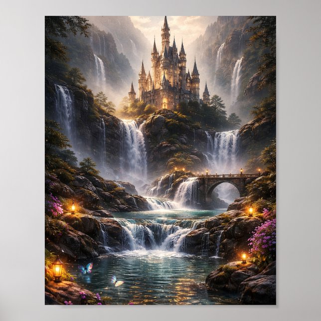 Fantasy vattenfallsslott Affisch (Framsidan)