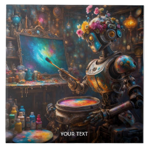 Fantasy Vivid Robot med Paintbrush Kakelplatta