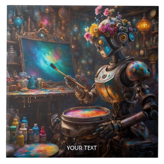 Fantasy Vivid Robot med Paintbrush Kakelplatta (Framsidan)