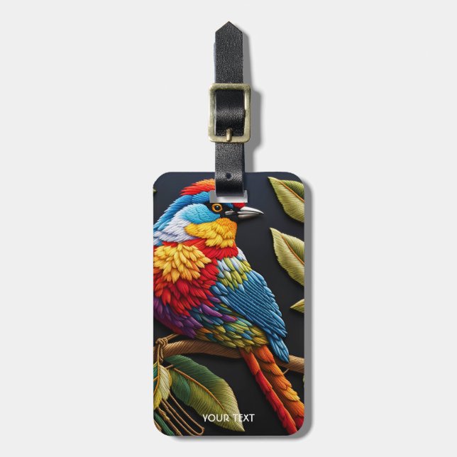 Fantasy Vivid Vibrant Embroized Bird Bagagebricka (Vertikal Framsida)