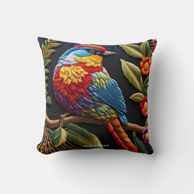 Fantasy Vivid Vibrant Embroized Bird Kudde (Framsida)