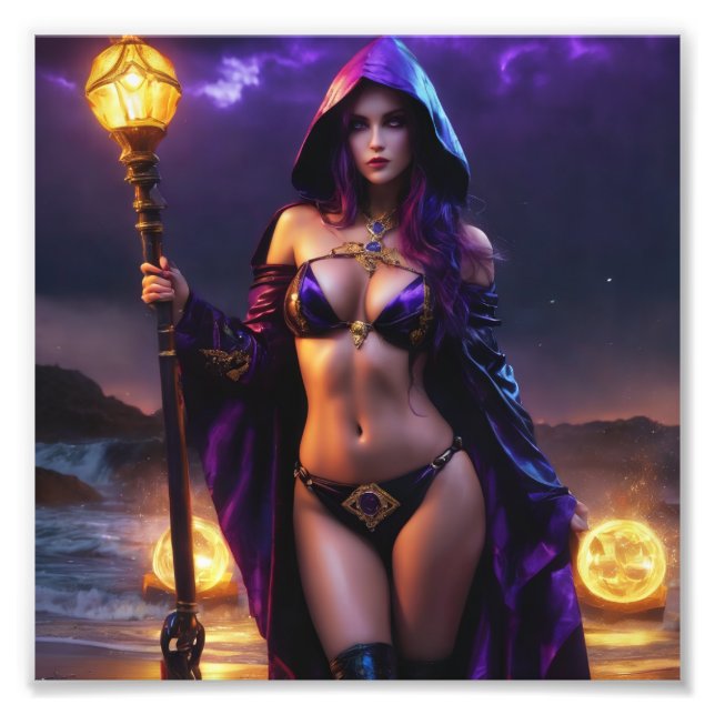Fantasy Warlock med Scepter Babe Fototryck (Framsidan)