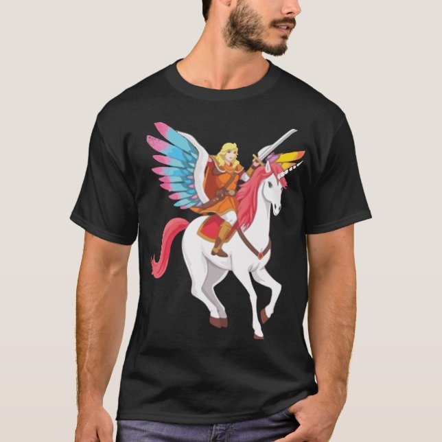 Fantasy Warrior on Unicorn T-Shirt (Framsida)