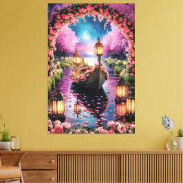 Fantasy Watercolor Art of Lantern-Lit Ornate Boat Canvastryck