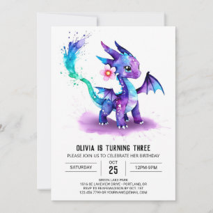 Fantasy Watercolor Dragon Digital Girl Birthday Inbjudningar